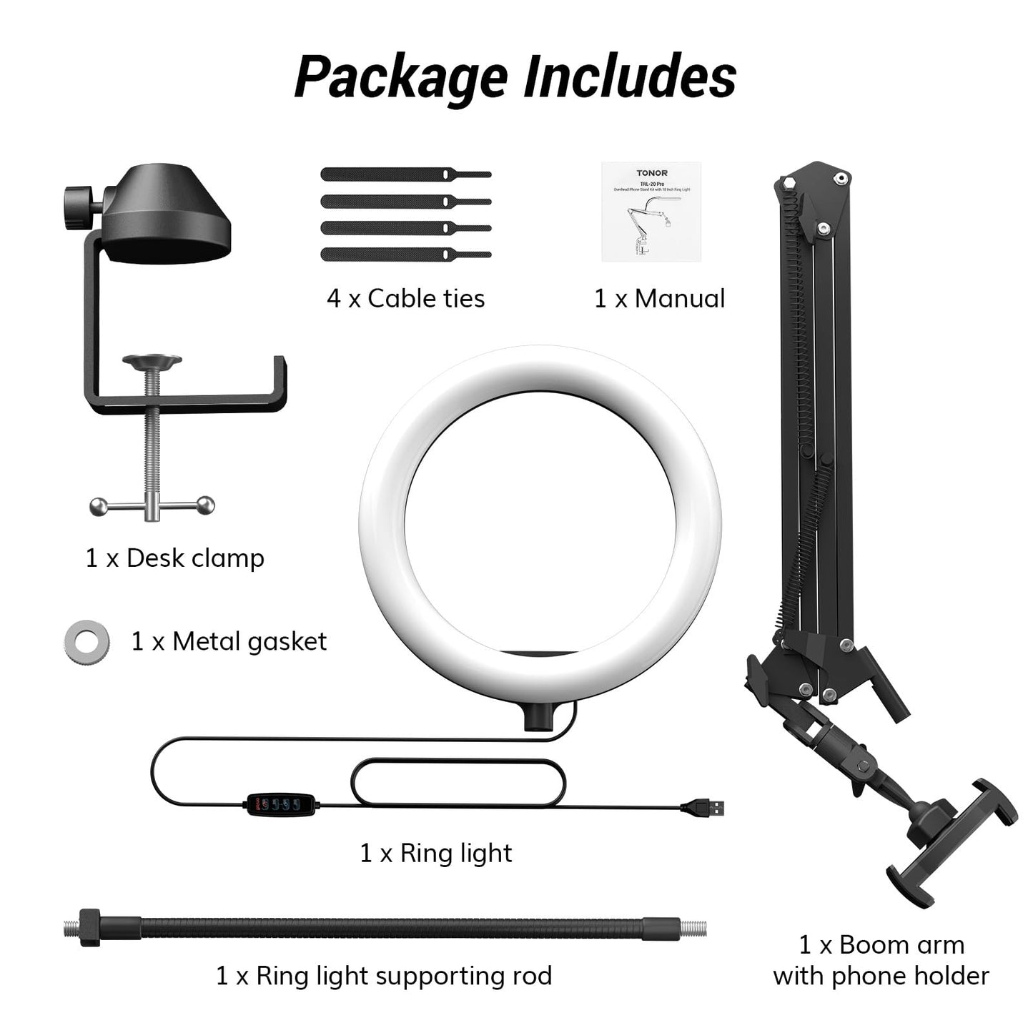 TONOR Overhead Ring Light Kit, 10" Ringlight with Heayy Duty Boom Arm and Phone Holder, Adjustable Angle, Suitable for Video Recording, Live Stream, Drawing, Makeup Nail