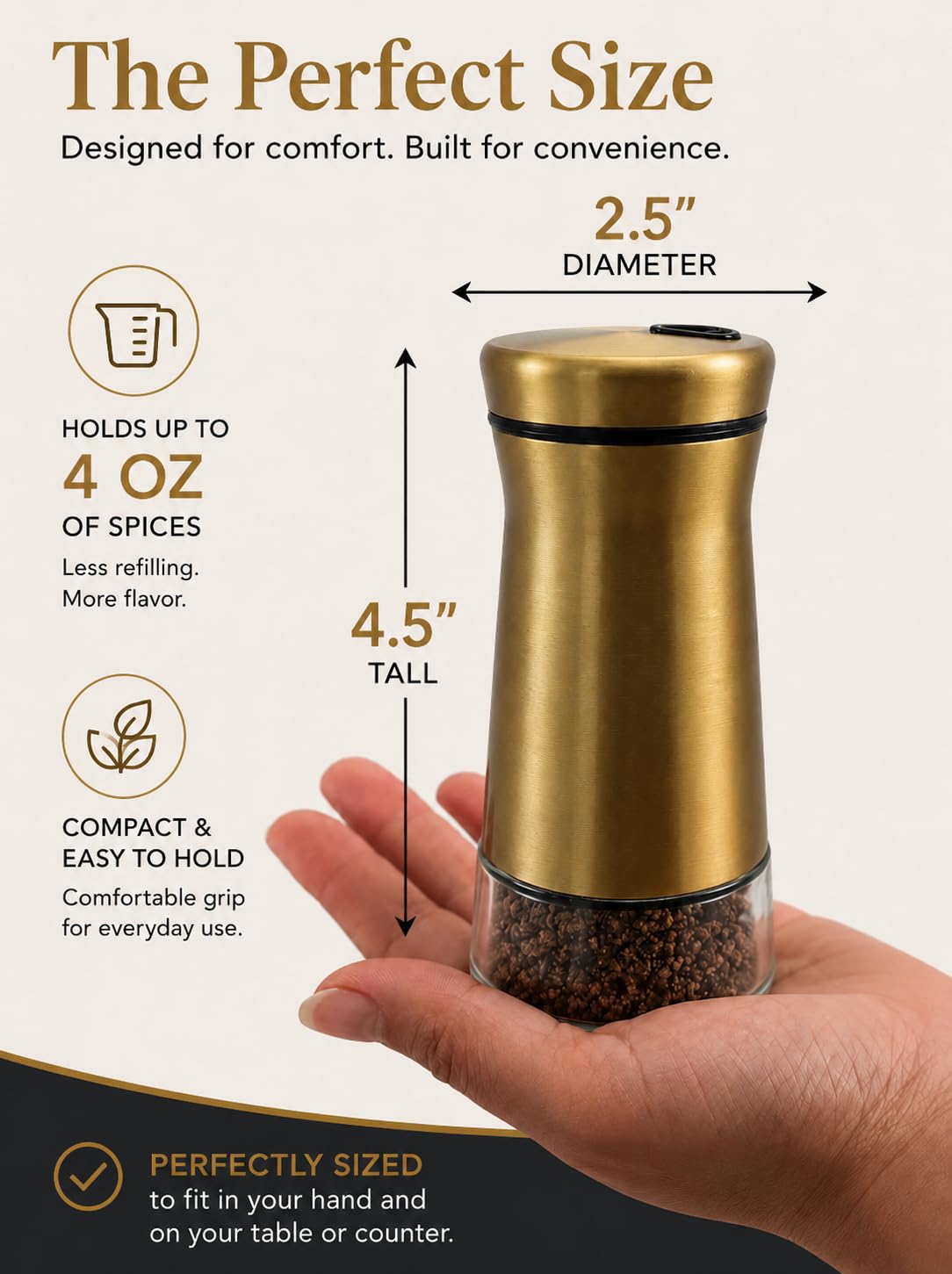 Elegant Gold Salt and Pepper Shaker Set Adjustable Pour Holes Stainless Steel and Glass Modern Design Adjustable Top Makes it the ideal Spice and Seasoning Dispenser Kitchen Sugar and Cinnamon Shakers