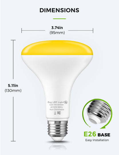L LOHAS LED Yellow Bug Light Bulbs Outdoor, 65W Equivalent BR30 Bug Flood Lights for Outside, Non-Attracting, 11W Amber Porch Lights, E26 Base, Non-Dimmable, for Patio Deck Backyard, 3 Pack