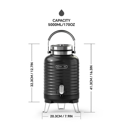 IDEUS Insulated Beverage Dispenser, All-in-one for Camping Vacuum Double-Wall Stainless Steel Water Cooler Coffee Carafe Jug Leakproof Drink Container with Handle, Spigot & Stand (Black, 1,4gal)
