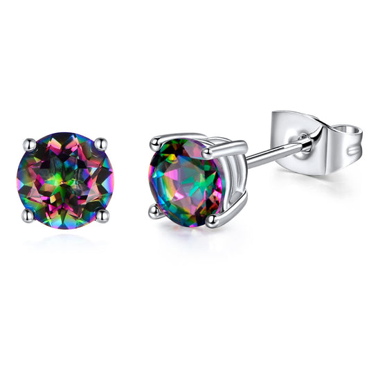 Created Rainbow Quartz Mystic Topaz 4mm Round Small Studs Ear Piercings Earrings 18K White Gold Plated CZ Stud Earingings Women Mens