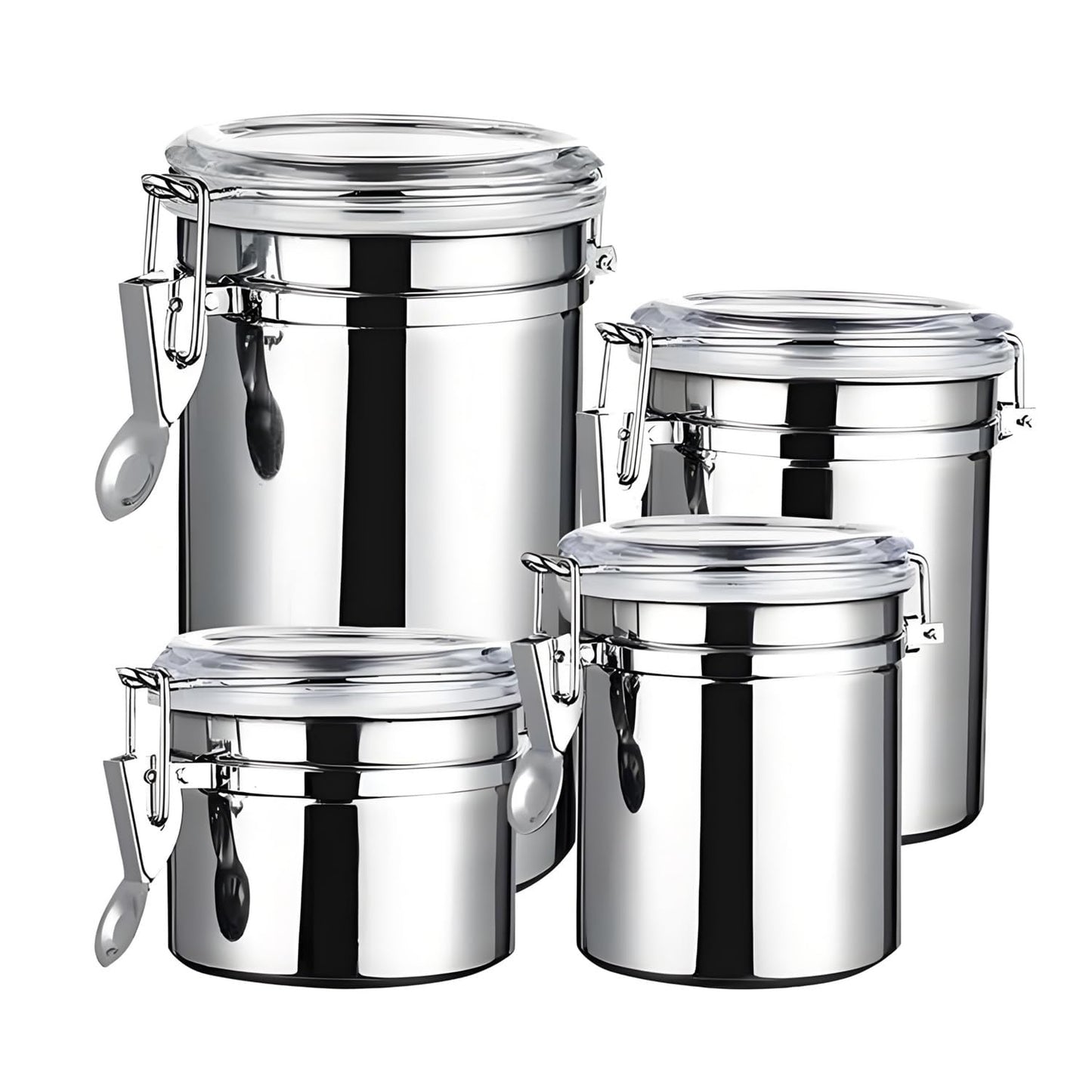 4-Piece Stainless Steel Airtight Canister Set with Clear Lids, 28/32/38/65 oz Food Storage Containers with Clamp Locks for Coffee, Tea, Sugar, Flour, Candy, Cookie, Kitchen Organization (Silver)