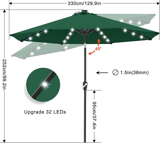 ABCCANOPY Durable Solar Led Patio Umbrellas with 32LED Lights 11FT (Deep Green)