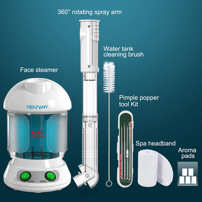Facial Steamer - DENFANY Nano Ionic Face Steamer with Extendable 360° Rotating Arm - Portable Facial Steamer for Personal Care at Home or Salon (Blue)