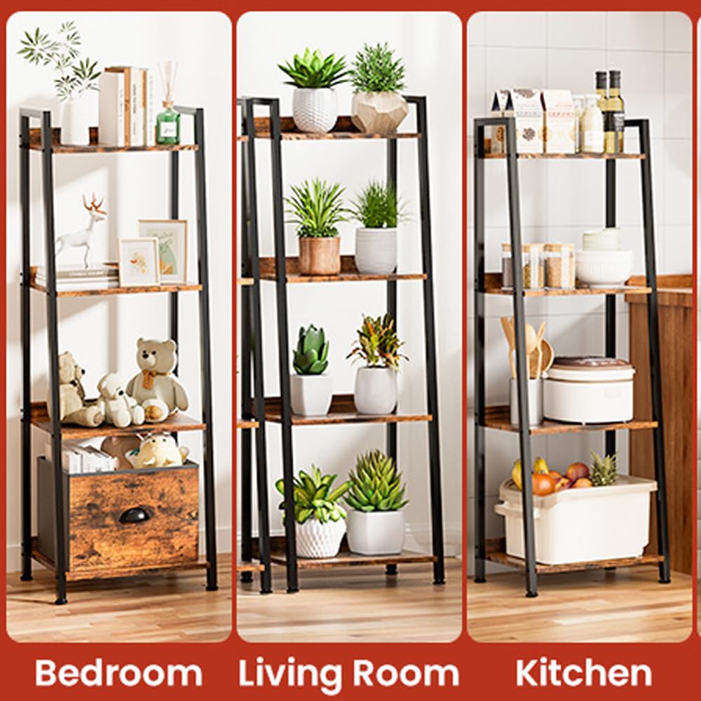 Plant Stand Indoor with Grow Lights, 4 Tiered Indoor Plant Shelf with Drawer, 48" Tall Corner Plant Stands for Indoor Plants, Metal Flower Display Shelves, Sturdy Ladder Plant Rack for Home, Patio