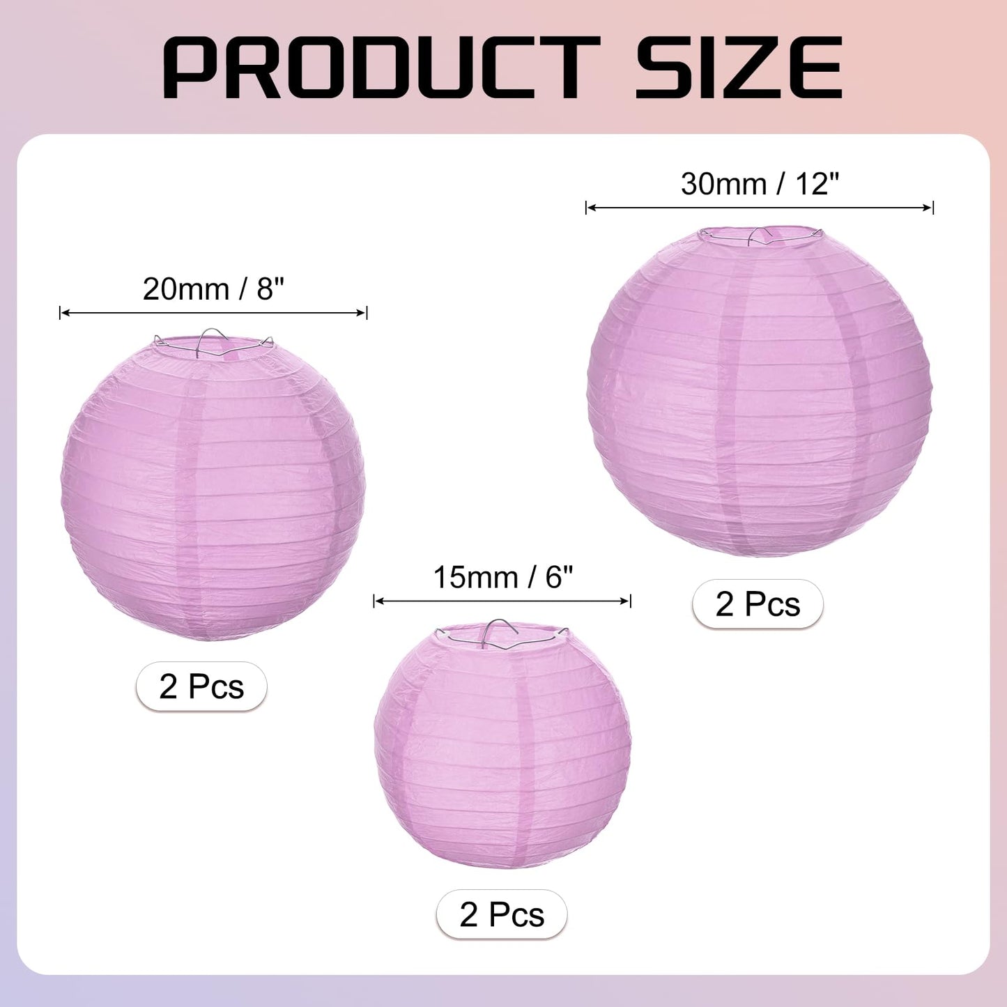 MECCANIXITY 6PCS Paper Lanterns Decorative, 6" 8" 12" Light Purple Round Hanging Lantern Chinese Lanterns for Home Decor, Birthday, Wedding, Christmas Party