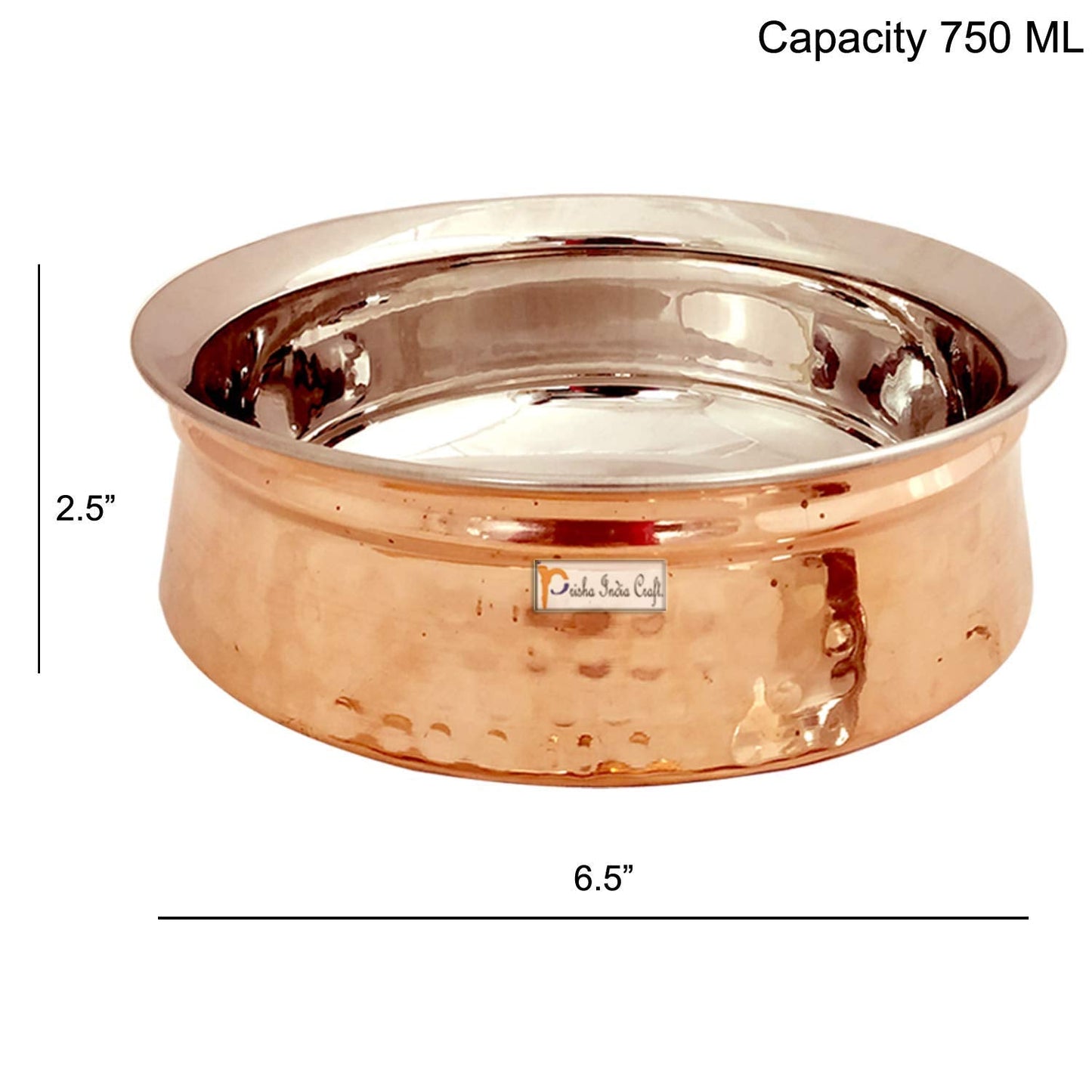 Prisha India Craft Stainless Steel Copper Handi Bowl for Serving Dishes, Serveware & Tableware | Capacity 750 ML, 3 No | Set of 2