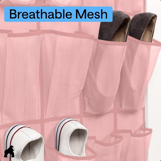 GORILLA GRIP Over the Door Shoe Organizer, 24 Large Breathable Mesh Pockets