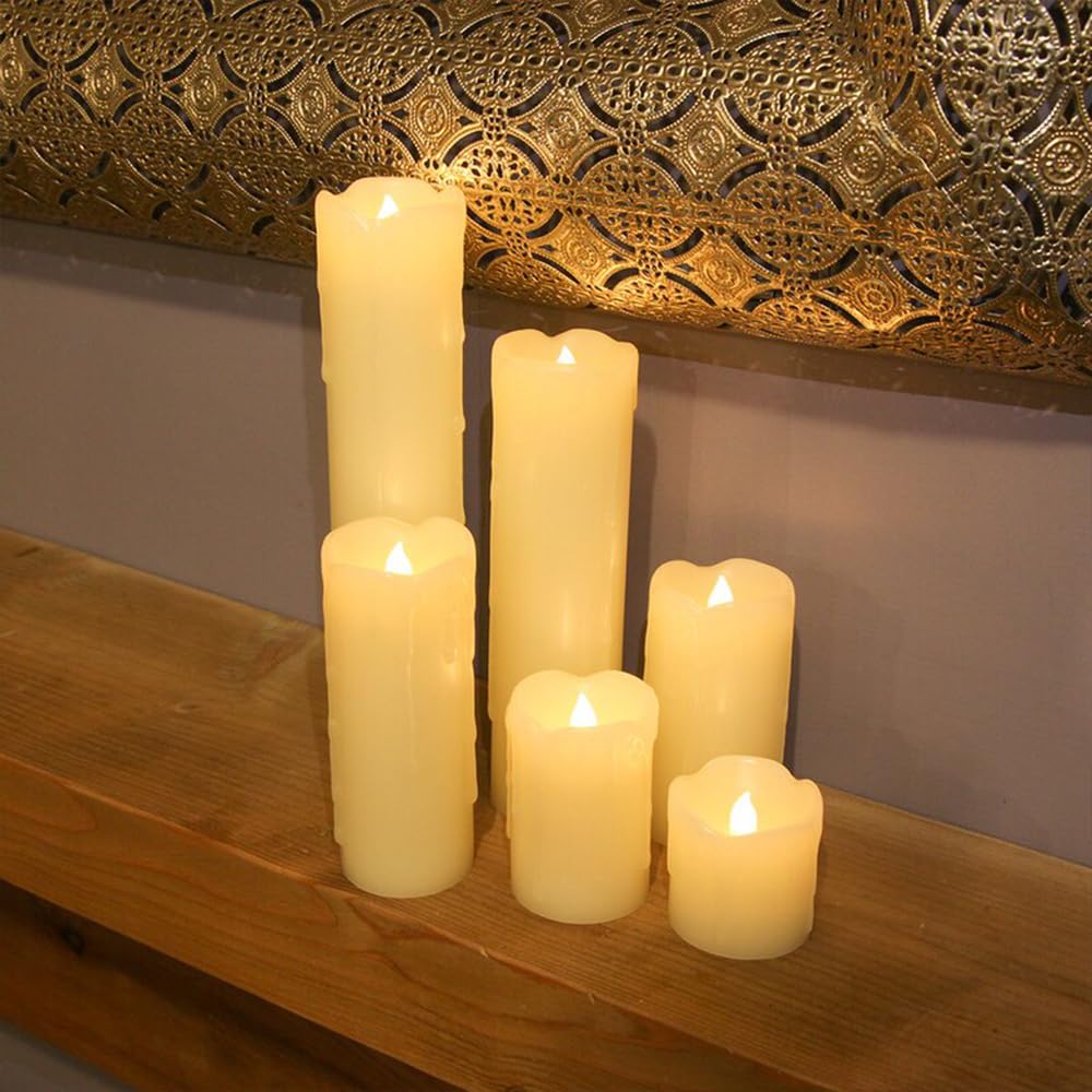 DRomance Flameless Flickering Candles Battery Operated(Battery Included) with 6 Hour Timer, Set of 6 Dripping Wax LED Pillar Candles Halloween Christmas Home Decor(Ivory, 2" D x 2"-9" H)