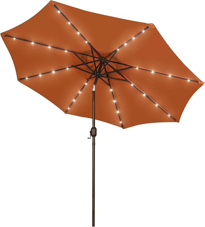 Blissun 9 ft Solar Umbrella with 32 LED Lights for Garden, Deck, Backyard (Rust)