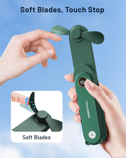 SWEETFULL Portable Handheld Mini Fan with LED Display, 3-in-1 Personal Foldable USB Rechargeable Hand Held Fan & Flashlight for Travel, Lash Eyelash, Cute Small Pocket for Women, Girls