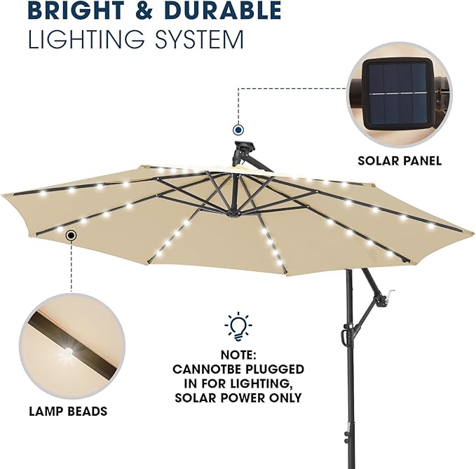 wikiwiki 10ft Solar LED Patio Umbrella with Base Included, Offset Umbrella with Weighted Sandbag Base, Cantilever Patio Umbrellas for Backyard, Garden & Deck, 32 LED Lights & Polyester Shade, Beige