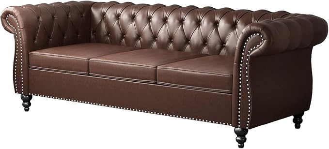 Mid-Century 3 Seater Sofa, Faux Leather Couch