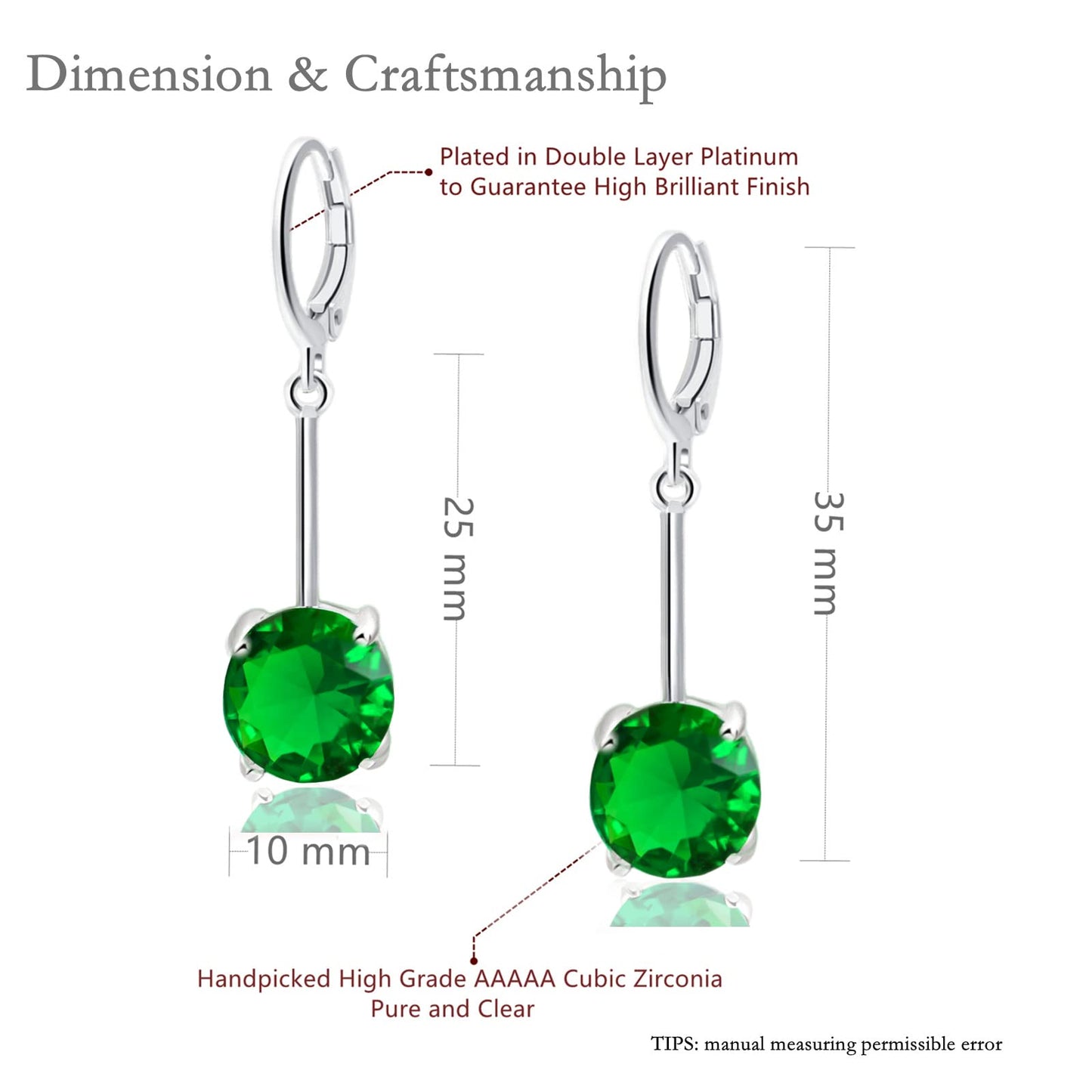 VONSSY Gemstone Drop Dangle Earrings | Platinum /Gold Plated Leverback Crystal Cubic Zirconia Hanging Red /Pink/Blue Earrings (Green-Platinum)