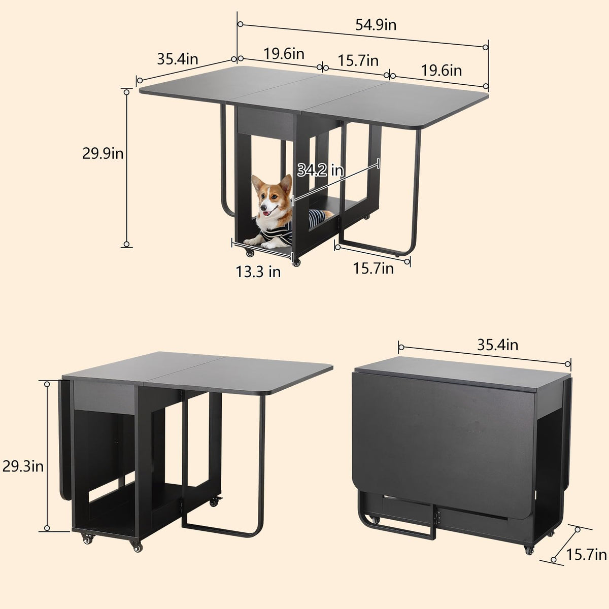 VASTATIO Folding Dining Room Table with Two Drawers for 4/6 with Space Saving Drop Leaf Table,Lockable Wheels & Storage, Heavy Duty Plywood Top 300lb, Convertible Desk for Apartments/RV/Home Office