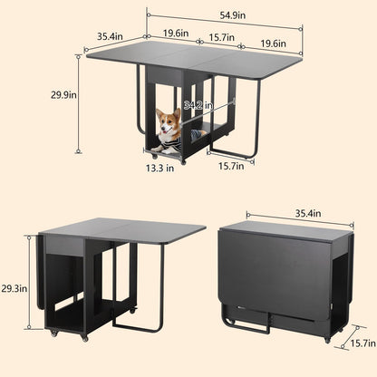 VASTATIO Folding Dining Room Table with Two Drawers for 4/6 with Space Saving Drop Leaf Table,Lockable Wheels & Storage, Heavy Duty Plywood Top 300lb, Convertible Desk for Apartments/RV/Home Office