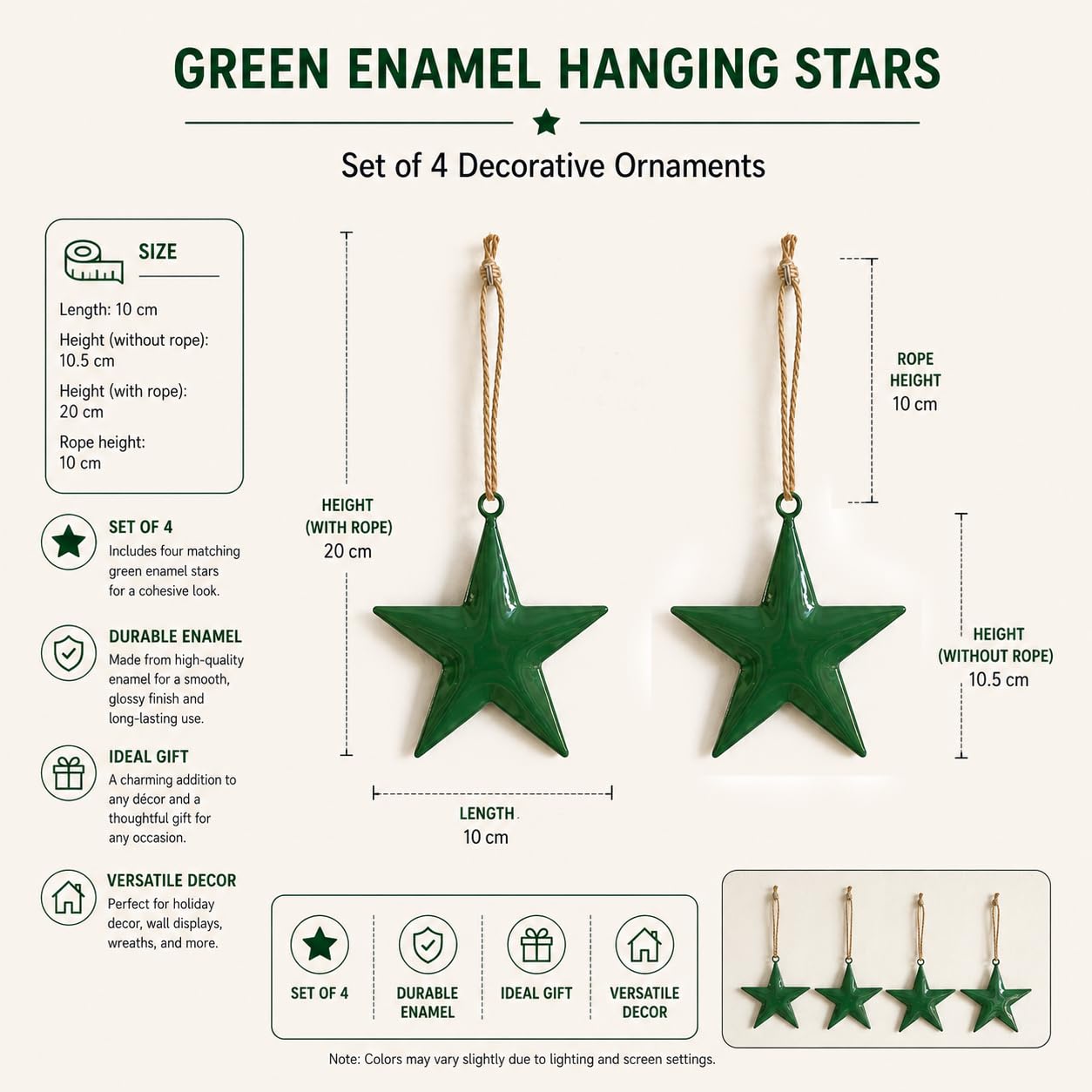 Green Star Hanging Ornaments Set of 4 – Rustic Farmhouse Decor, Christmas Tree Ornaments, Wall & Door Hanging Stars for Home, Holiday, Winter & Festive Decorations
