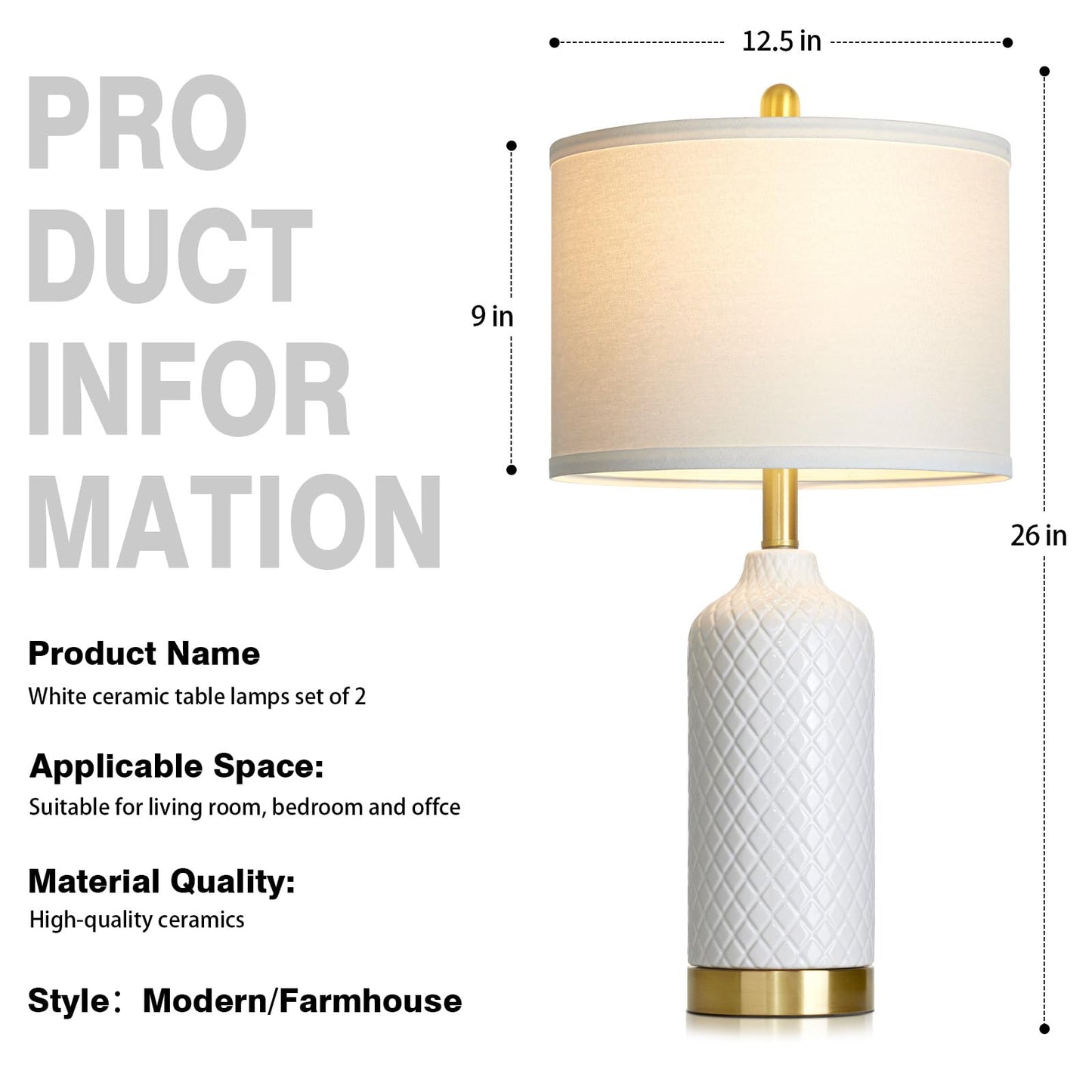 luxeflow 26“ White Ceramic Table Lamps for Living Room, Modern Ceramic Lamps Set of 2, Tall Bedside Lamp for Nightstand, Classic Farmhouse Bedroom Lamp for Desk Side End Table Home Decor