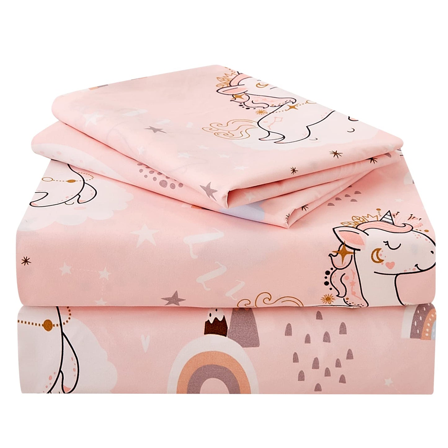 JSD Pink Unicorn Kids Sheet Set Twin Size, 3 Piece Girls Rainbow Printed Microfiber Bed Sheets Deep Pocket