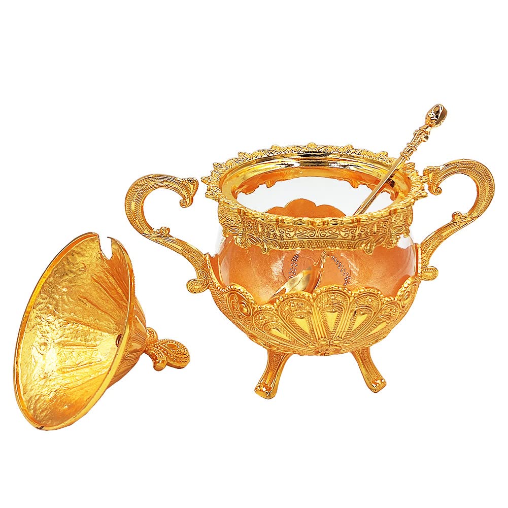 Hourwof Sugar Bowl with Lid and Spoon for Kitchen Coffee Bar and Wedding Party,Metal and Glass Sugar Container for Sugar Cube and Powder Sugar,Spice Condiment Container,Salt Server,Gold