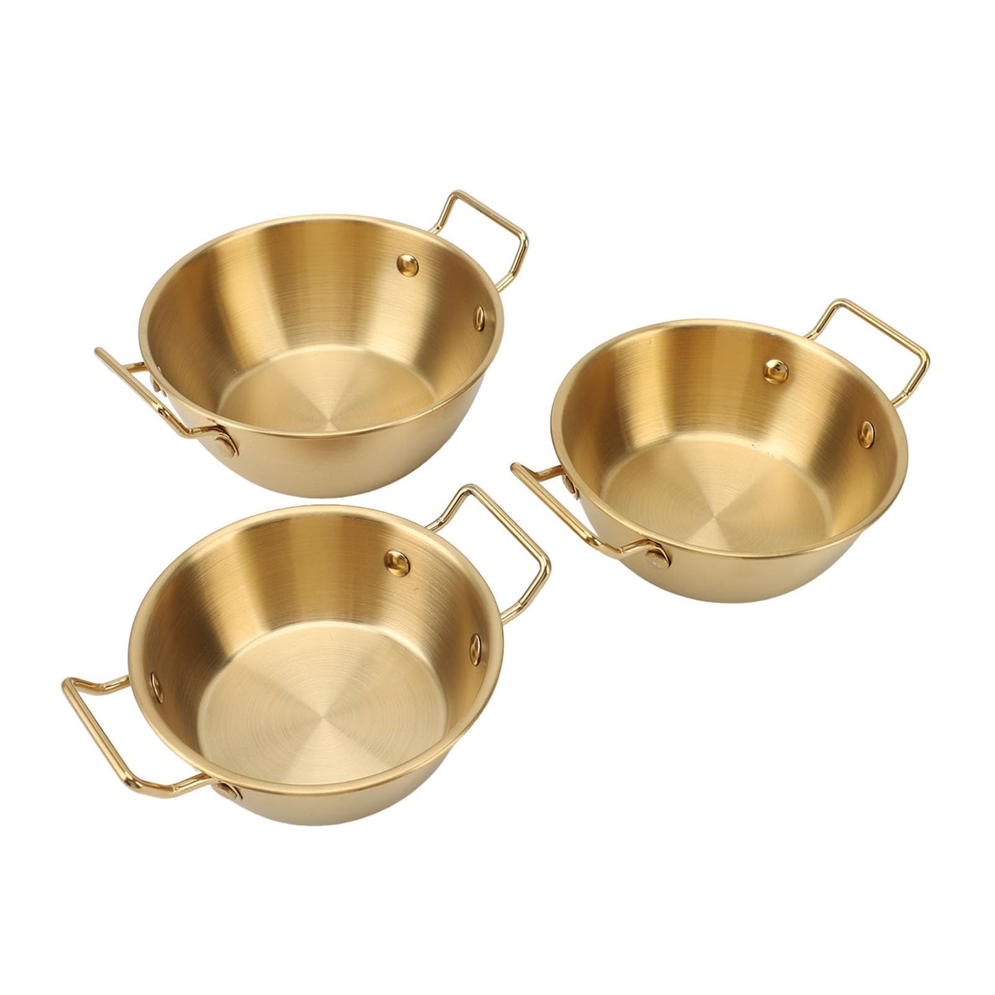 3Pcs Stainless Steel Soy Sauce Dishes, 4.1/5.1/5.7 inch Gold Round Dipping Bowl with Handle, Individual Seasoning Bowls Serving Dishes Appetizer Plates for Sushi, Side Dishes, Dessert, Ketchup, Prep