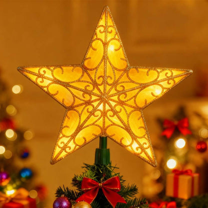 Christmas Star Tree Topper, Gold Glittered 3D Star Tree Topper, with Warm White LED Lights String Lights for Indoor Office Christmas New Year Holiday Tree Decoration