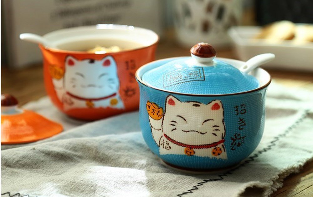Ceramics Japanese Maneki Neko Lucky Cat Sugar Salt Pepper Storage Jar with Lid And Spoon