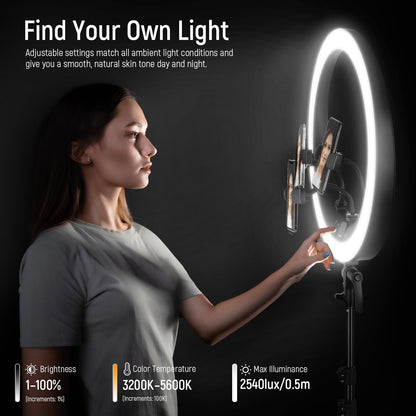 NEEWER Ring Light RP19H 19 Inch with Tripod Stand 3 Phone Holders Compatible with iPhone, Upgraded 2.4G Touch Control Ringlight for Video Recording Streaming Home Office Zoom Selfie Makeup Lighting