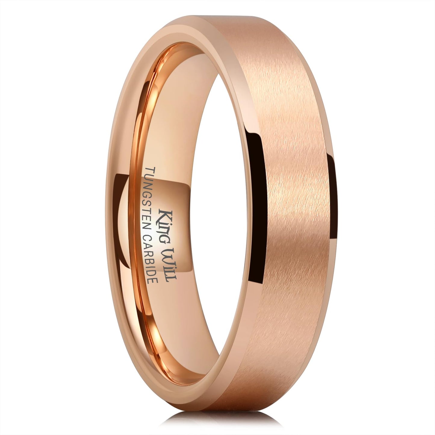 King Will 6mm Men's Rose Gold Wedding Ring – Matte Brushed, Beveled Polished Edge, Comfort Fit, Size 13