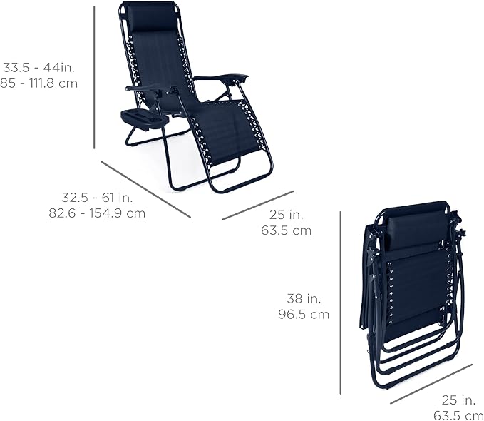 Best Choice Products Set of 2 Adjustable Steel Mesh Zero Gravity Lounge Chair Recliners w/Pillows and Cup Holder Trays - Navy
