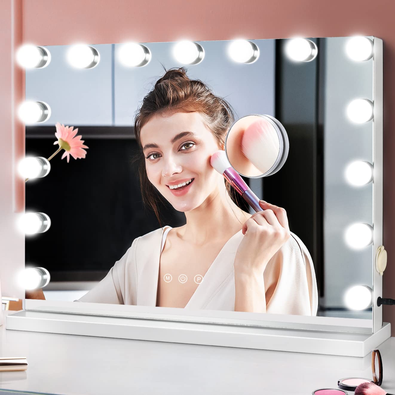 M MIVONDA Hollywood Vanity Mirror with Dimmable 15LED Bulbs Lights 3 Lighting Modes 2in1 Large Lighted Makeup Mirror for Desk and Wall with Plug-in and USB Charger Port