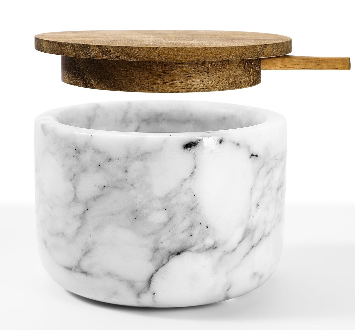 RAETTER.LY Salt and Pepper Bowl, Marble Salt Cellar and Spices Storage Container With Built-in Spoon and Acacia Wood Lid - 6.5oz Capacity (White)