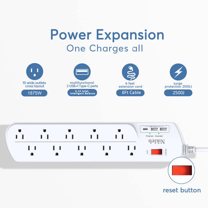 Power Strip 23 in 1, 20 Outlets Surge Protector Wall Mount with 2 USB+1 USB C Ports, Multi Plug Extension Cord 6ft Heavy Duty, Accessories for Gaming, Studio, Home, Office, Desk Organizers