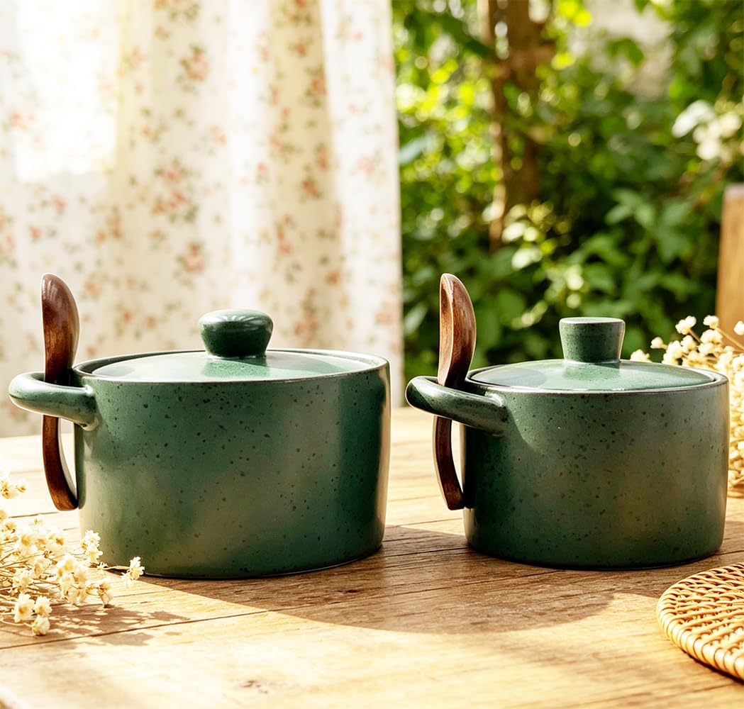 EWEIGEER Ceramic Salt Cellar With Lid & Spoon,8oz Salt Container For Countertop,Sugar Bowl,Spice Jar(Green)