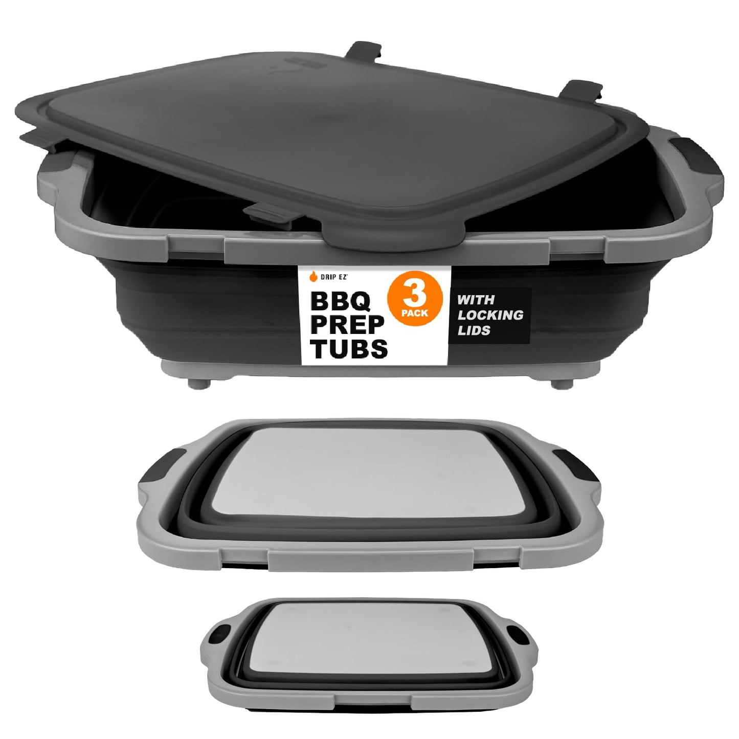 Drip EZ Collapsible BBQ Prep Tubs 3-Piece Set- For Meal Prep Marinating Food Storage - Includes Cutting Board & Lid - (1) JR + (1) OG + (1) XL - Black