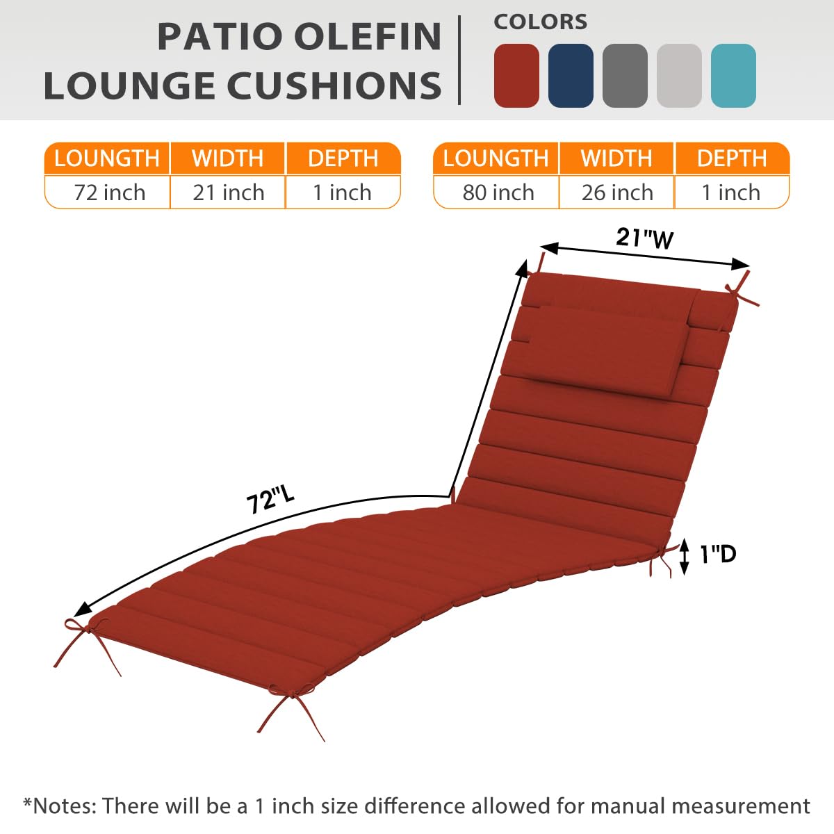 Sundale Outdoor Olefin Quilted Lounge Cushion Set of 2, Patio Foldable Chaise Lounger Cushion, Water-Resistant Lounge Chair Pad with Straps Red, 72 x 21 inches