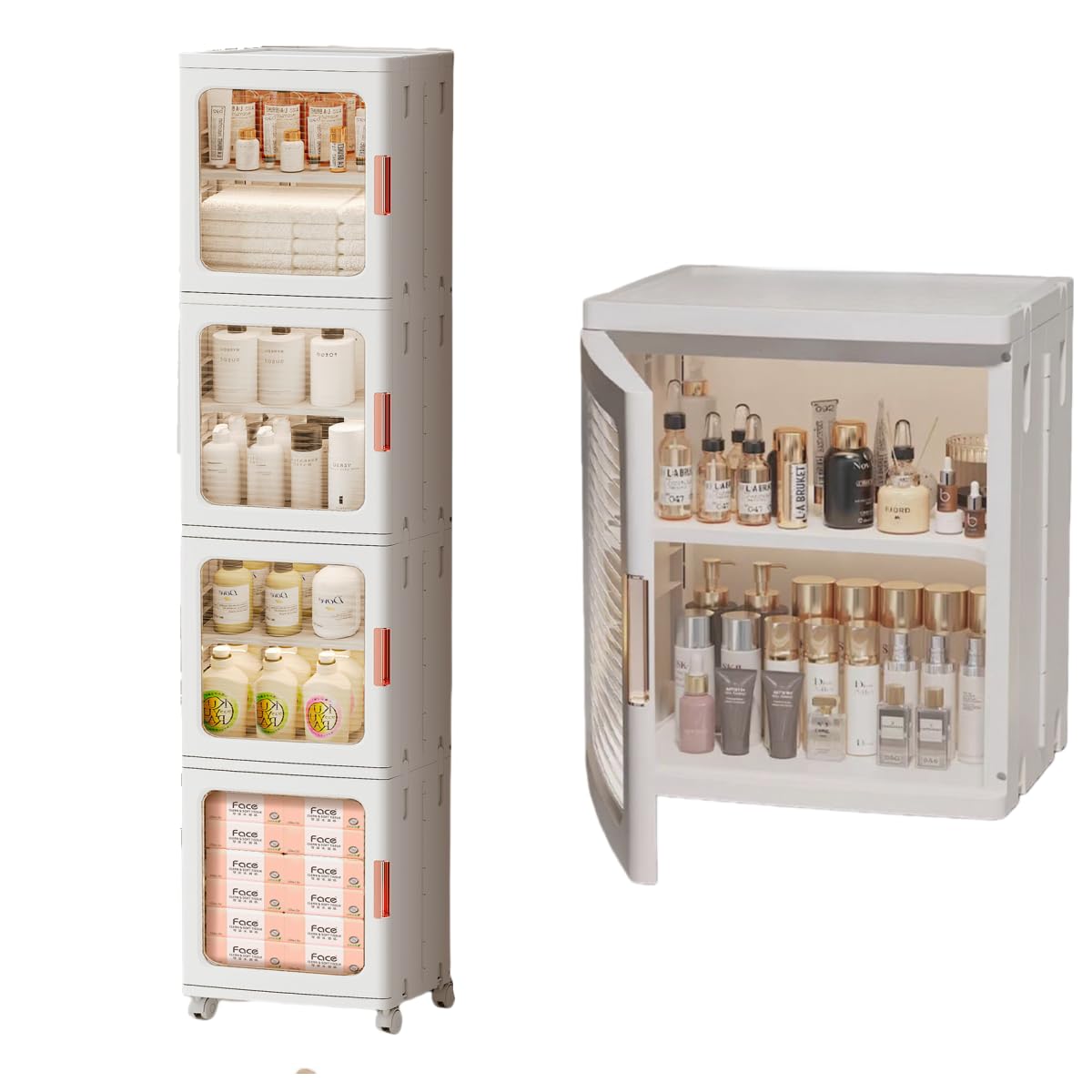 BUMODEL 4-Tier White Slim Storage Cabinet Bundle with 1-Tier White Slim Storage Cabinet with Doors and Adjustable Shelves