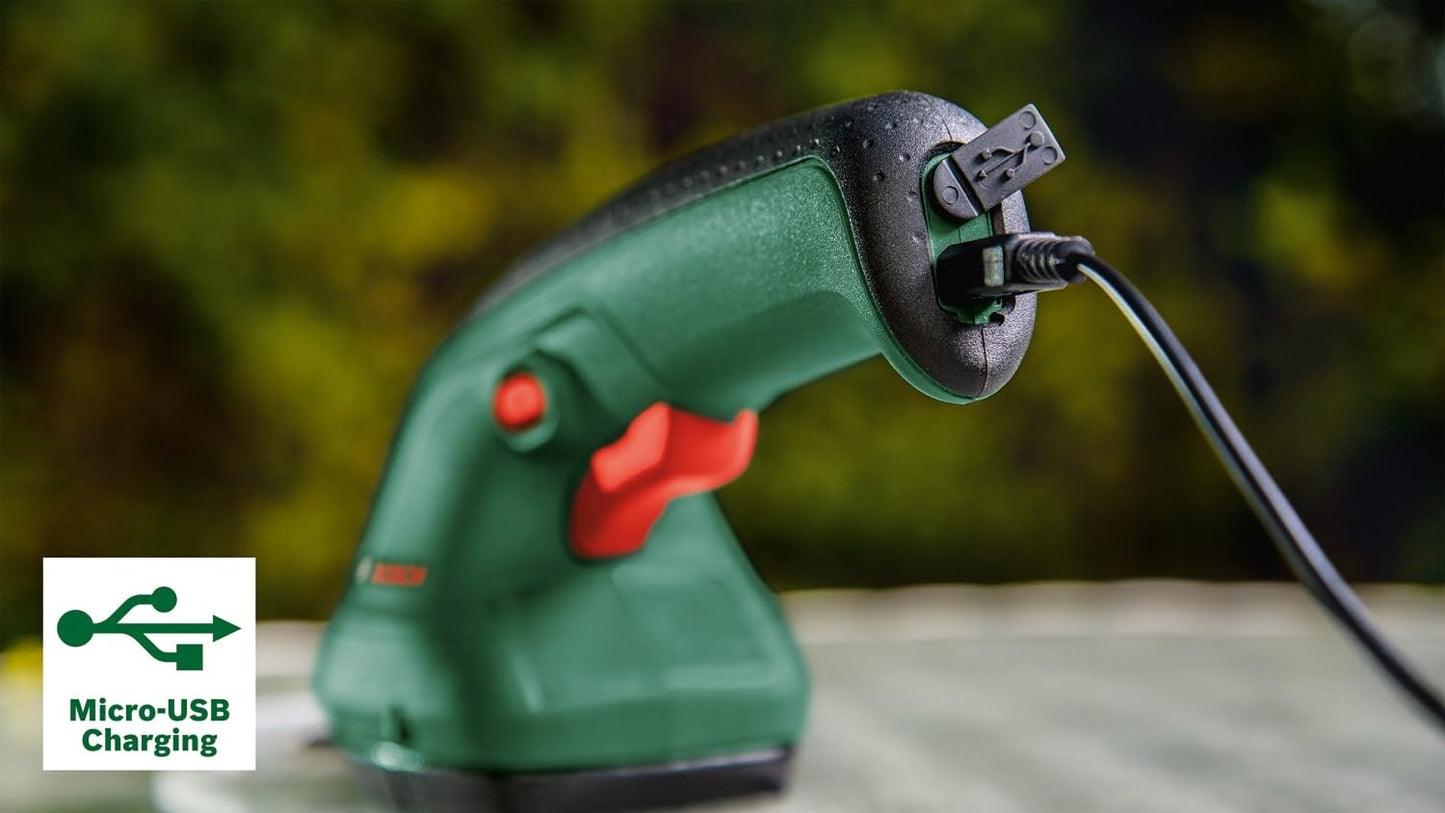 Bosch Garden Shears EasyShear (Integrated 3.6V, Battery runtime: 40 min, Blade Length: 12cm (Shrub) / 8cm (Grass), in Carton Packaging)
