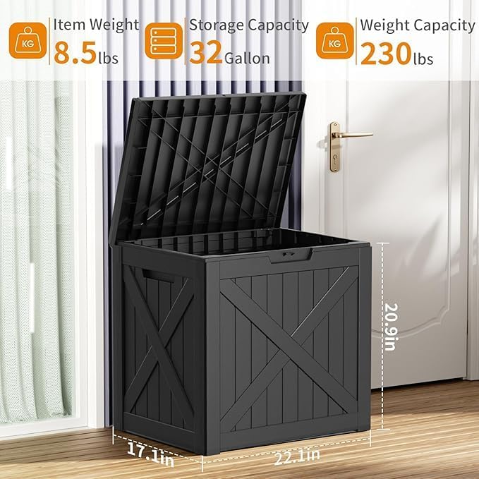 EasyUp 32 Gallon Outdoor Storage Box, Resin Waterproof UV-Resistant Deck Box, Reinforced Stability for Patio, Garden, and Poolside, X-Design Black