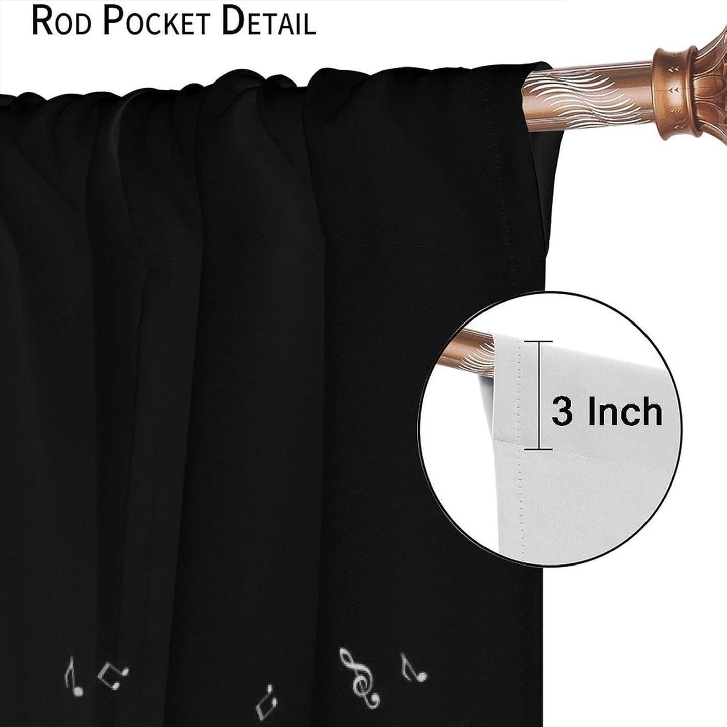 HZOHNAGO Music Curtain Black and White Musical Notes Piano Key Pattern Blackout Print Rod Pocket Window Drapes for Bedroom Living Room 42x45in