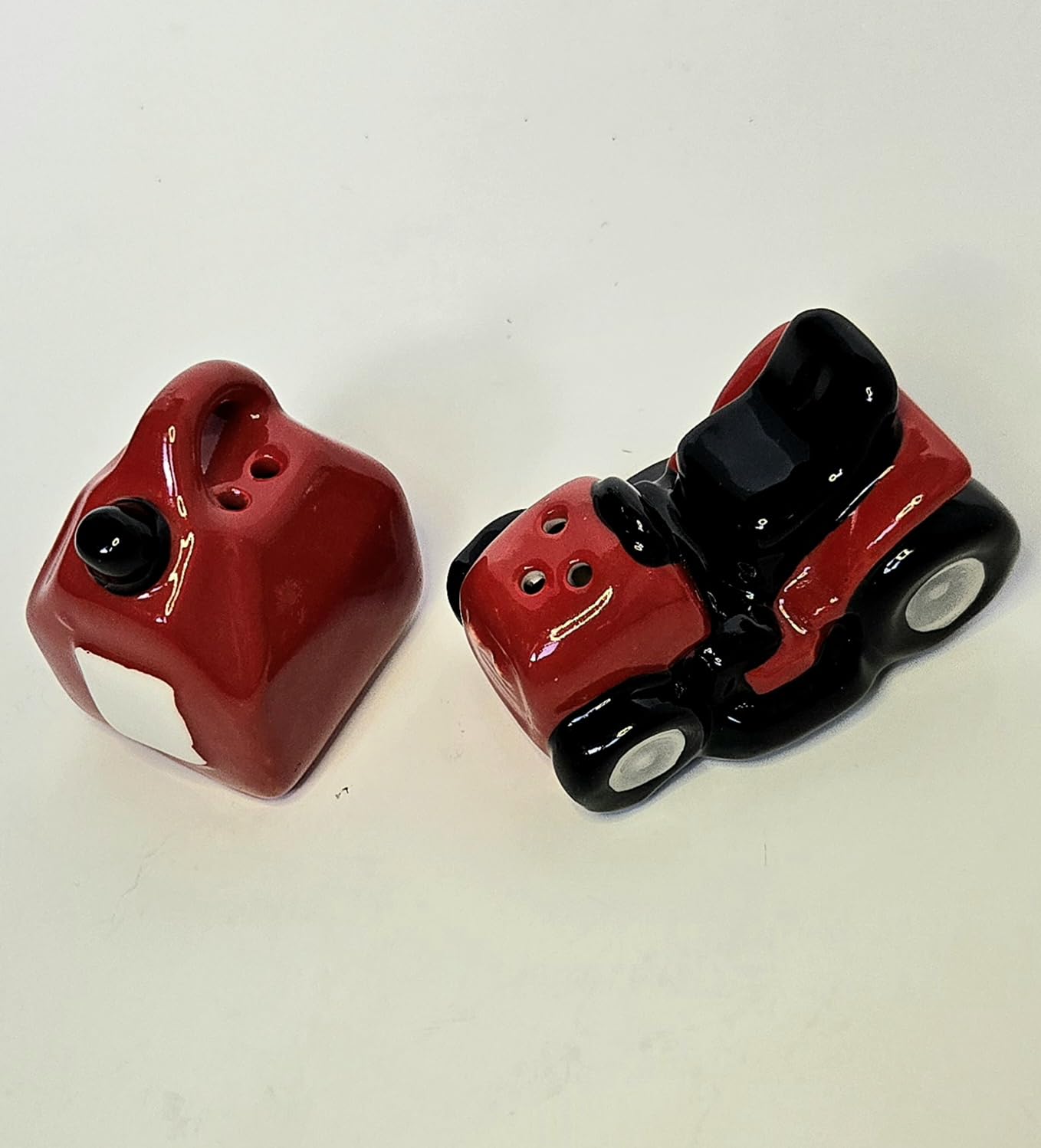 Red Riding Lawn Mower & Red Gas Can Mini Ceramic Salt & Pepper Shaker Set, 2.5 x 1.5 x 1.5 inches