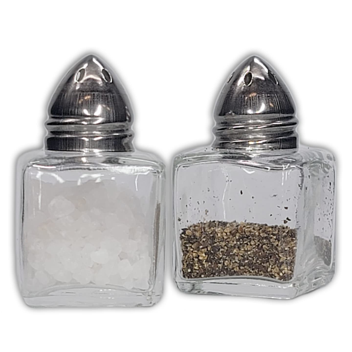 Pack of 4 Clear Glass Mini Cube Salt & Pepper Shakers with Stainless Tops and BONUS Easy Fill Funnel (Silver) by NetSellsIt