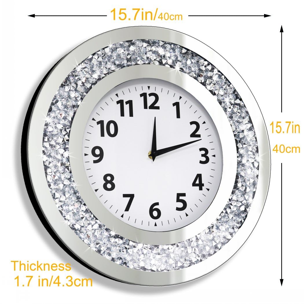 DMDFIRST Acrylic Glass Diamond Decor Round Clock, 15.7x15.7x1.7 Inches Silver Glass Round Decorative Clock, Silent Quartz Movement (No Second Hand), Modern Sparkle Home Decor (AA Battery Not Included)