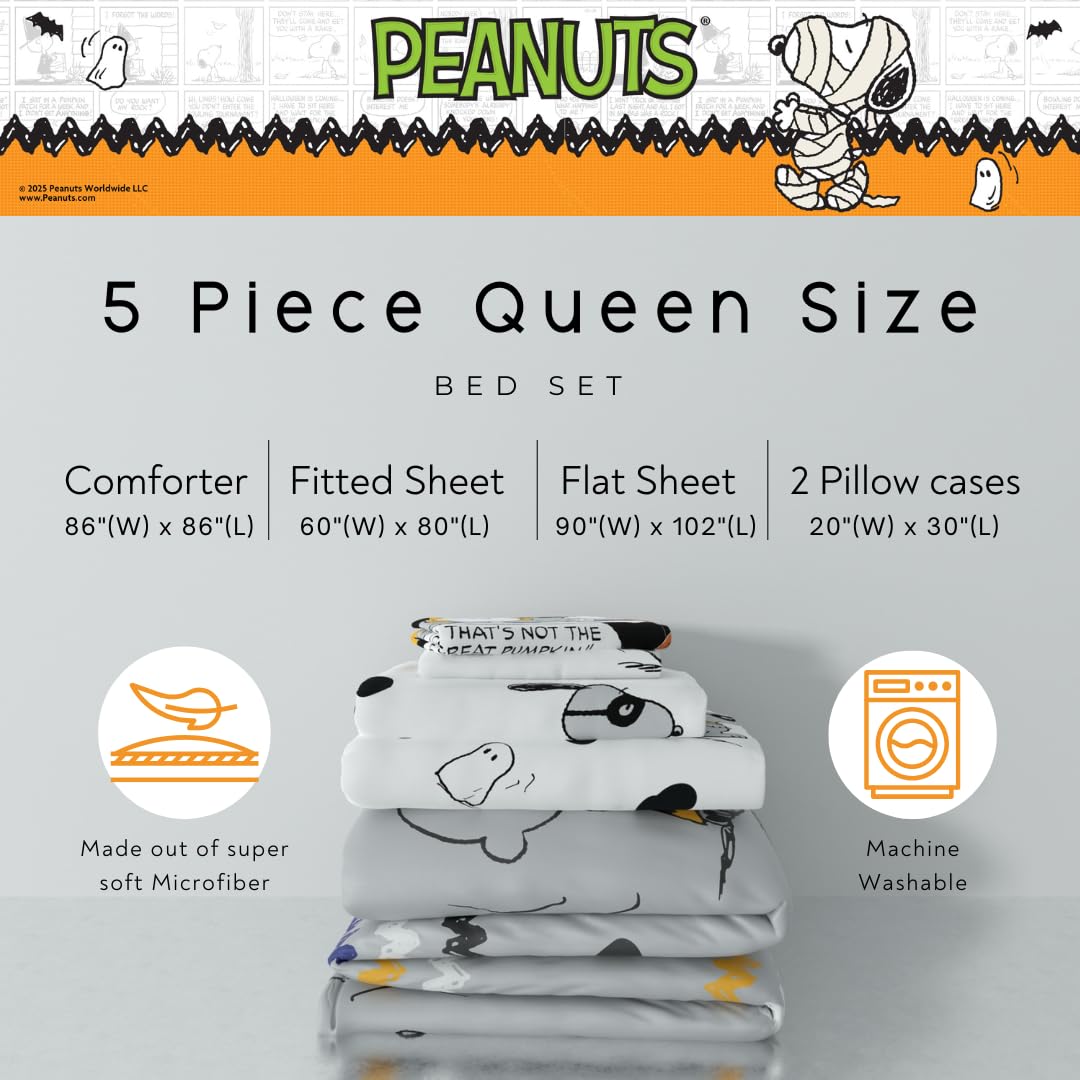 Peanuts Halloween Queen Bed Set – Super Soft & Cozy 5 Piece Reversible Comforter and Sheet Set Featuring Snoopy & Charlie Brown, (Official Peanuts® Product) by Franco