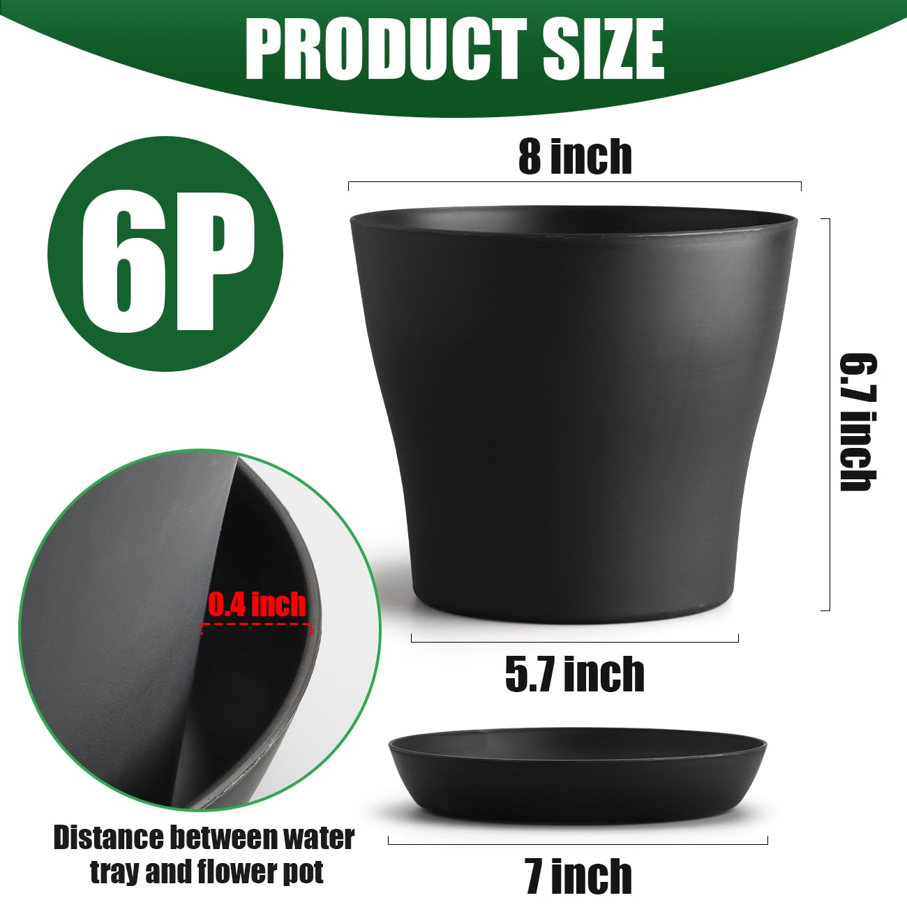 BTPLASTIK 6 Pack 8-Inch Plastic Planter with Saucer, Black- Durable Non-Slip Stackable Indoor/Outdoor Plant Pots with Large Drainage Holes, Minimalist Curved Design for Succulents, Herbs, Cacti