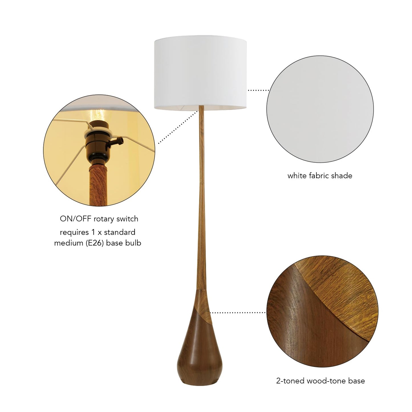 Globe Electric Novogratz x Globe Harrington 65" Floor Lamp, 2-Tone Faux Wood Base, White Fabric Shade, Socket Rotary Switch 67225
