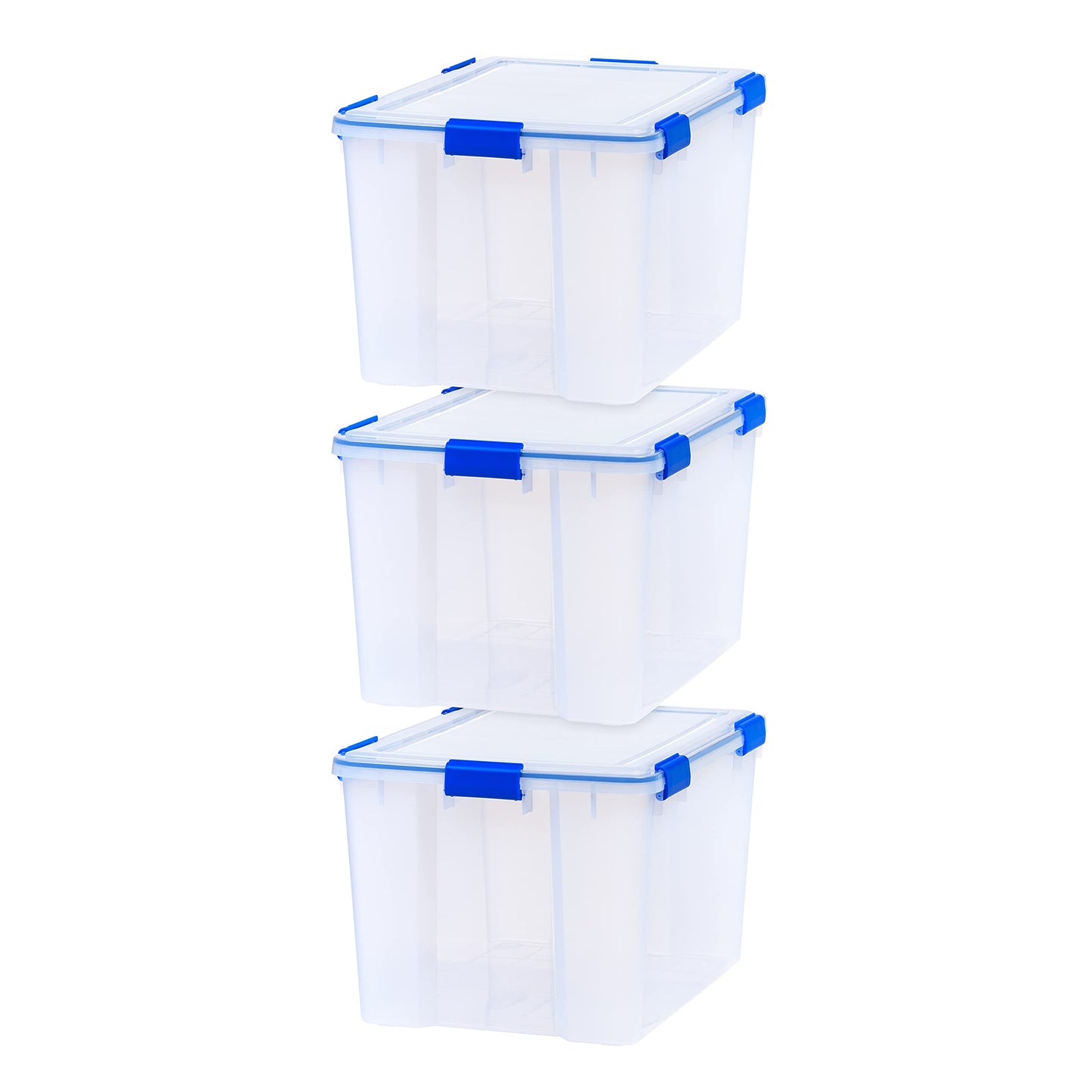 IRIS USA WeatherPro 74 Qt Storage Bins with Lids, 3 Pack, BPA-Free Plastic Gasket Box with Tight Latch and Seal, Stackable Nestable Tote Tub - Clear/Blue