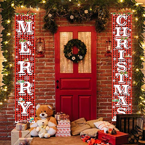 FECEDY Merry Christmas Hanging Banner Porch Sign with Pattern Christmas Tree Presents Snow Banner for Home Yard Indoor Outdoor Wall Door Christmas Party Decorations 72"x12"