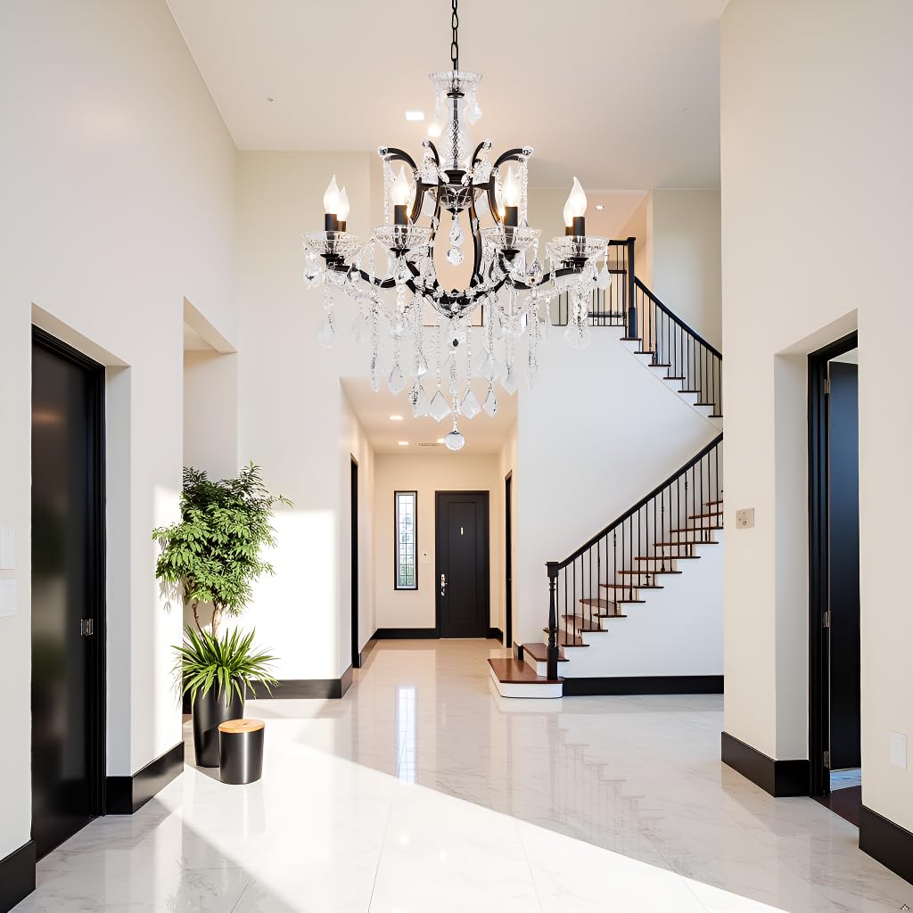 CHGUOSZ 8-Light Crystal Chandelier Black Finish Modern Luxury Antique Flush Mount Chandelier with Crystal Drops Prisms Beads, Elegant Dining Room Living Room Entryway Foyer Ceiling Light Fixture