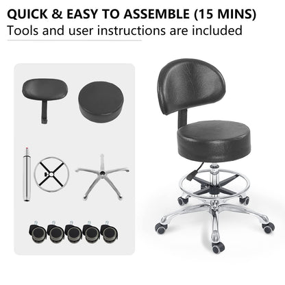 Grace&Grace Height Adjustable Swivel Rolling Stool with Back Extra Thick Seat for Ultimate Comfort for Salon, Studio, Shop, Kitchen (Black,with Foot Rest)